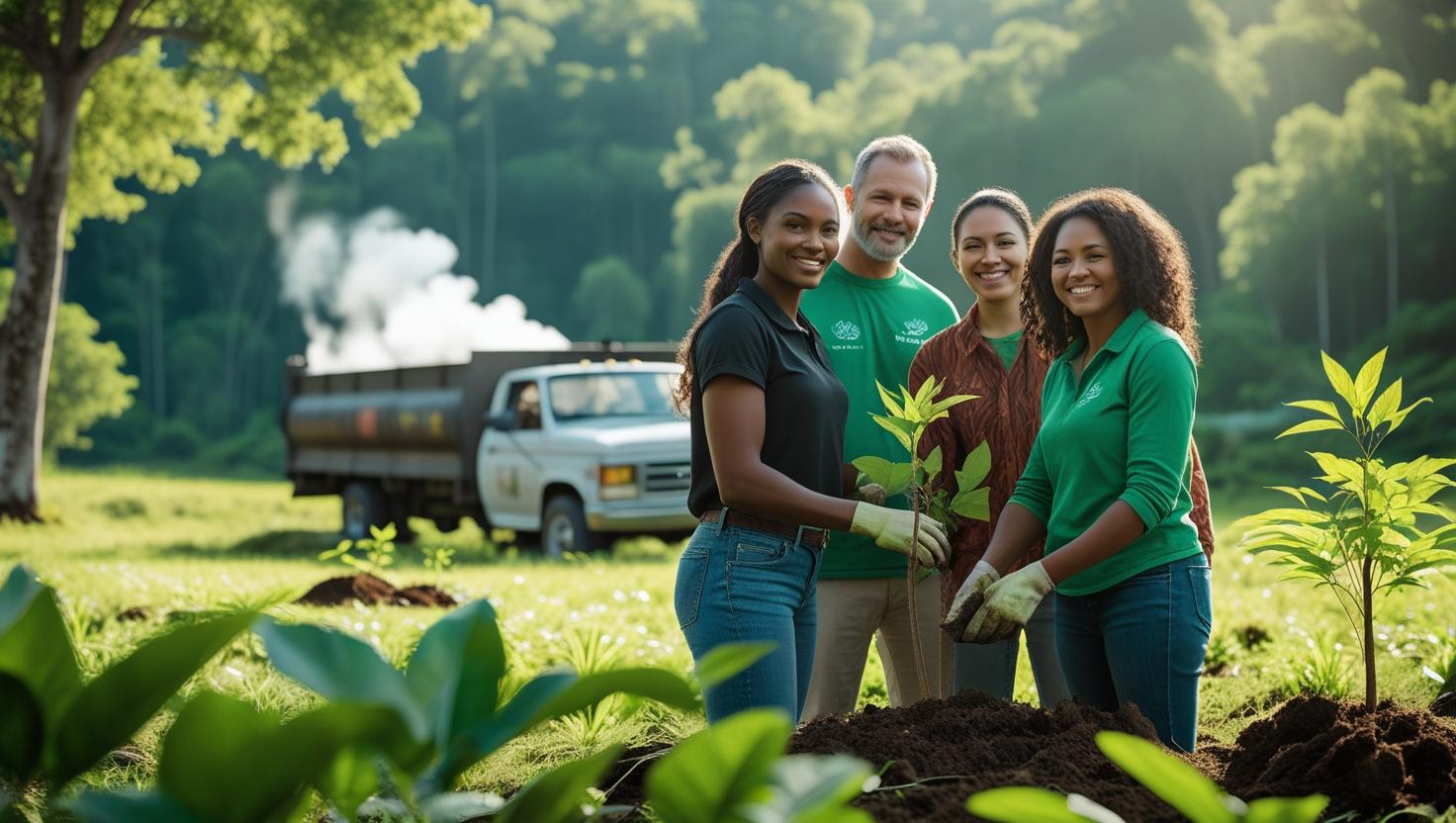 Sustainable Finance and ESG Planning in Ontario. Group of people planting trees with a truck emitting carbon fumes in the background