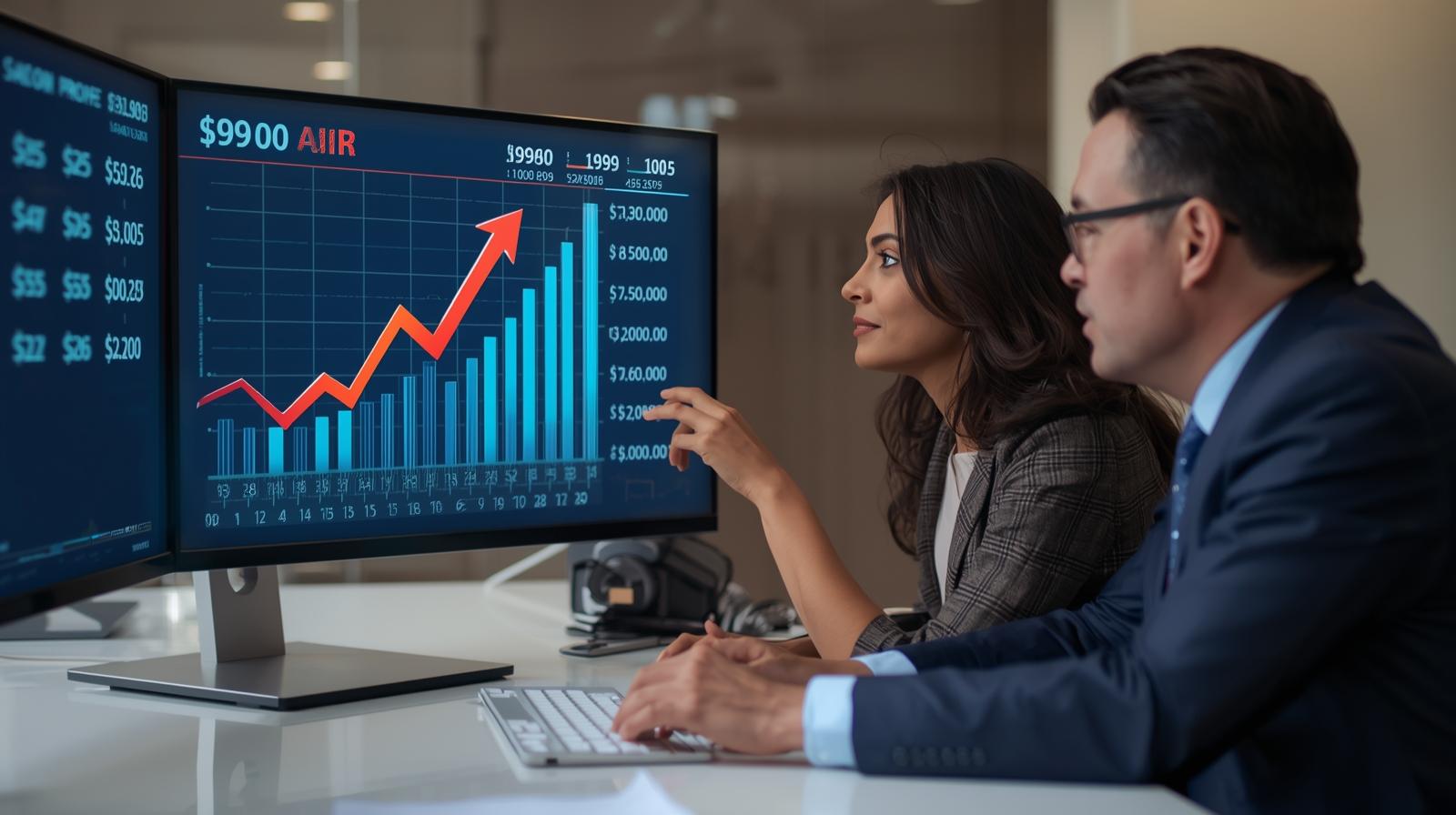 Blackbeez Consulting Blog: Digital Transformation in the Financial Industry. A woman and a man sitting at a desk in front of a computer screen with financial projections