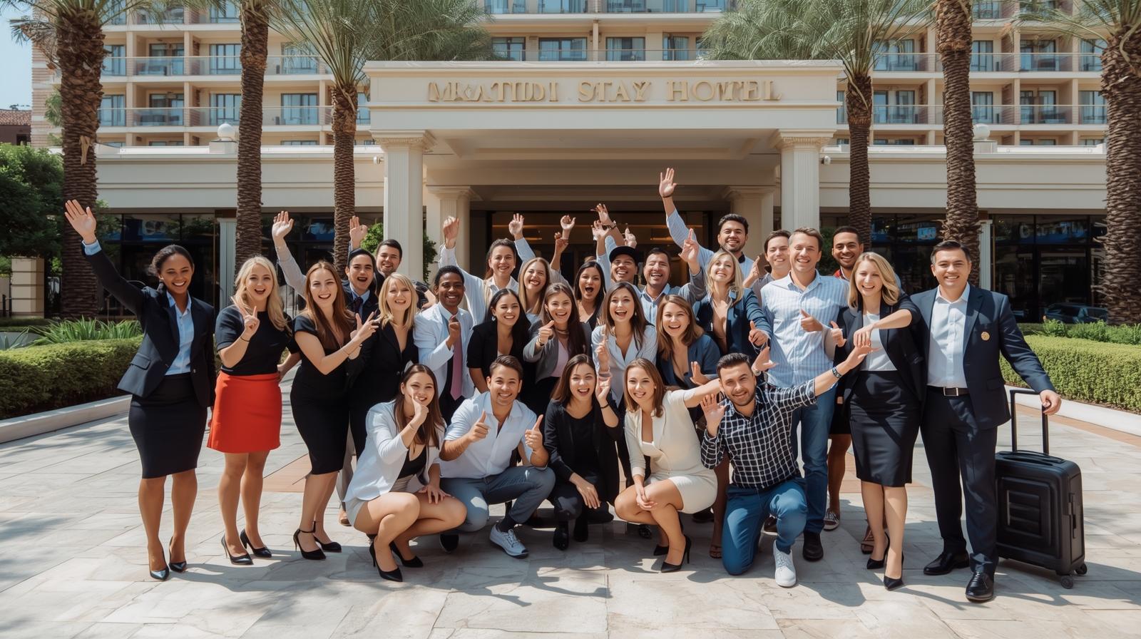 Blackbeez Consulting blog called Hotel Conference Experiences That Boost Loyalty. Image of a group of employees outside of a hotel taking a photo.
