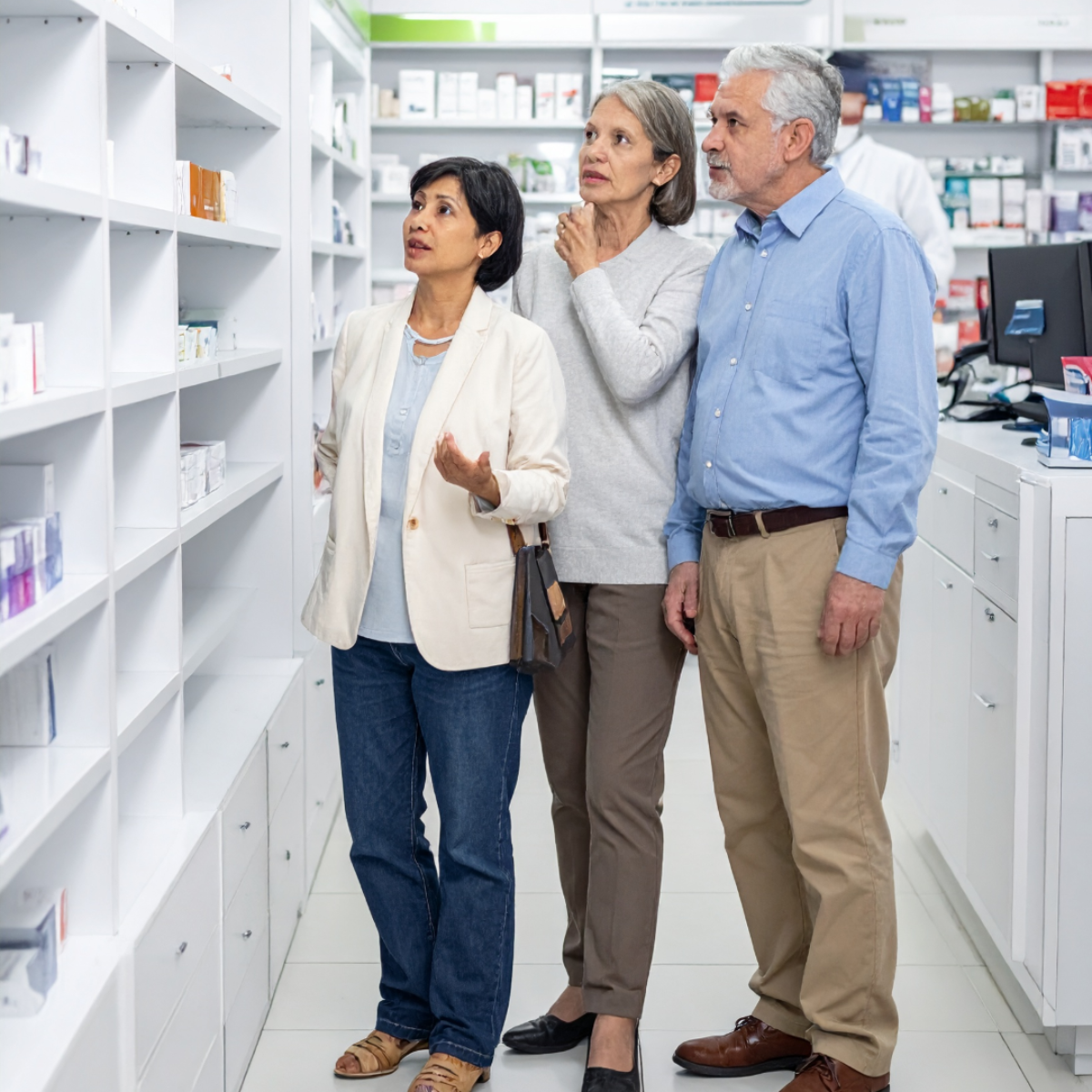 Blackbeez Consulting blog post. Pharmacy shortages in Canada. Two women and a man looking at empty shelves in a pharmacy