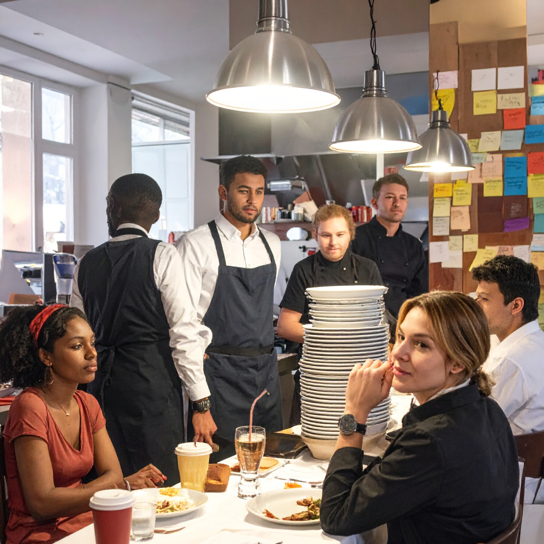 Blackbeez Consulting Blog about restaurant efficiency in Canada using lean methodology. People sitting at a table waiting on unorganized staff.