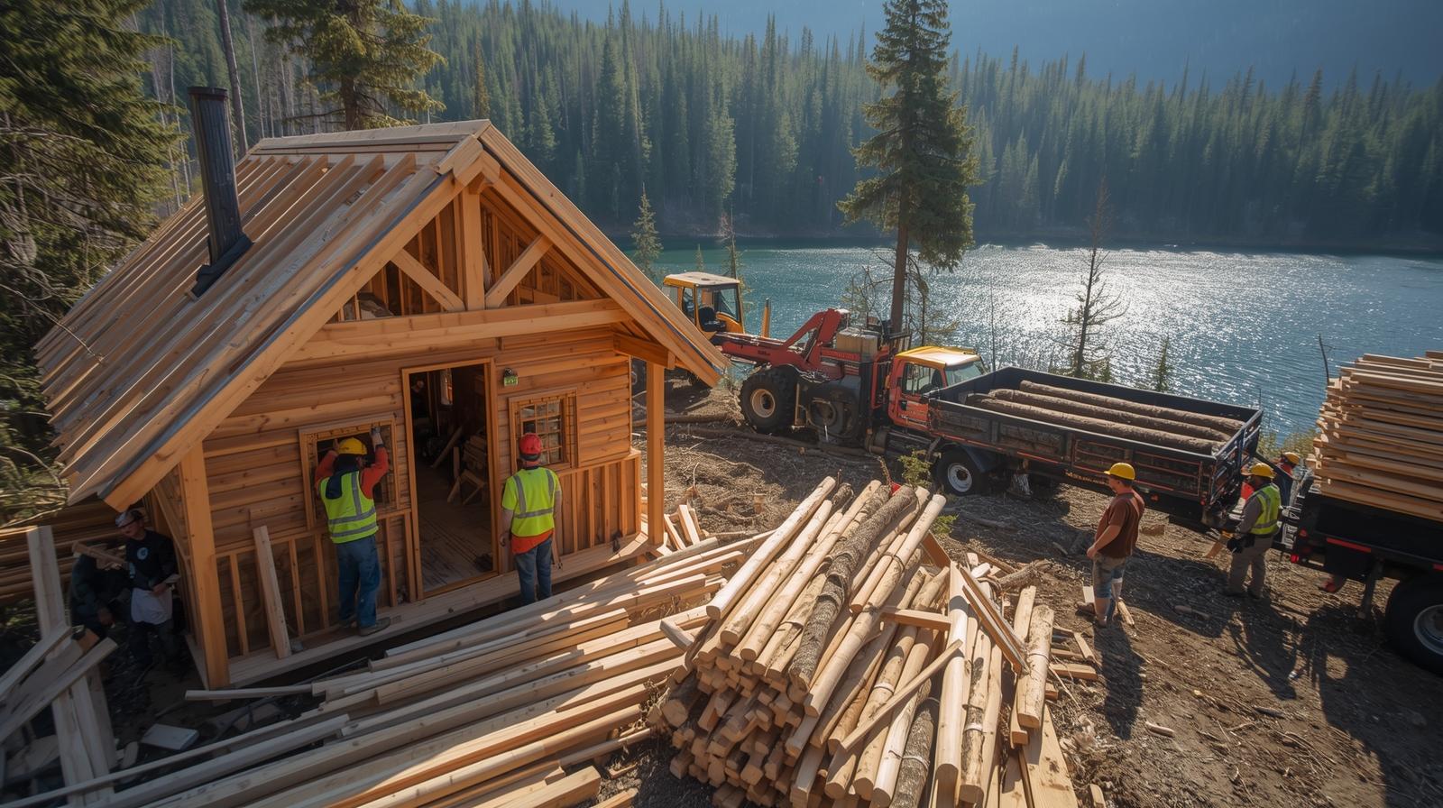 Blackbeez Construction blog about procurement challenges in Canadian Construction. Image of a cottage on a lake being constructed with Canadian lumber