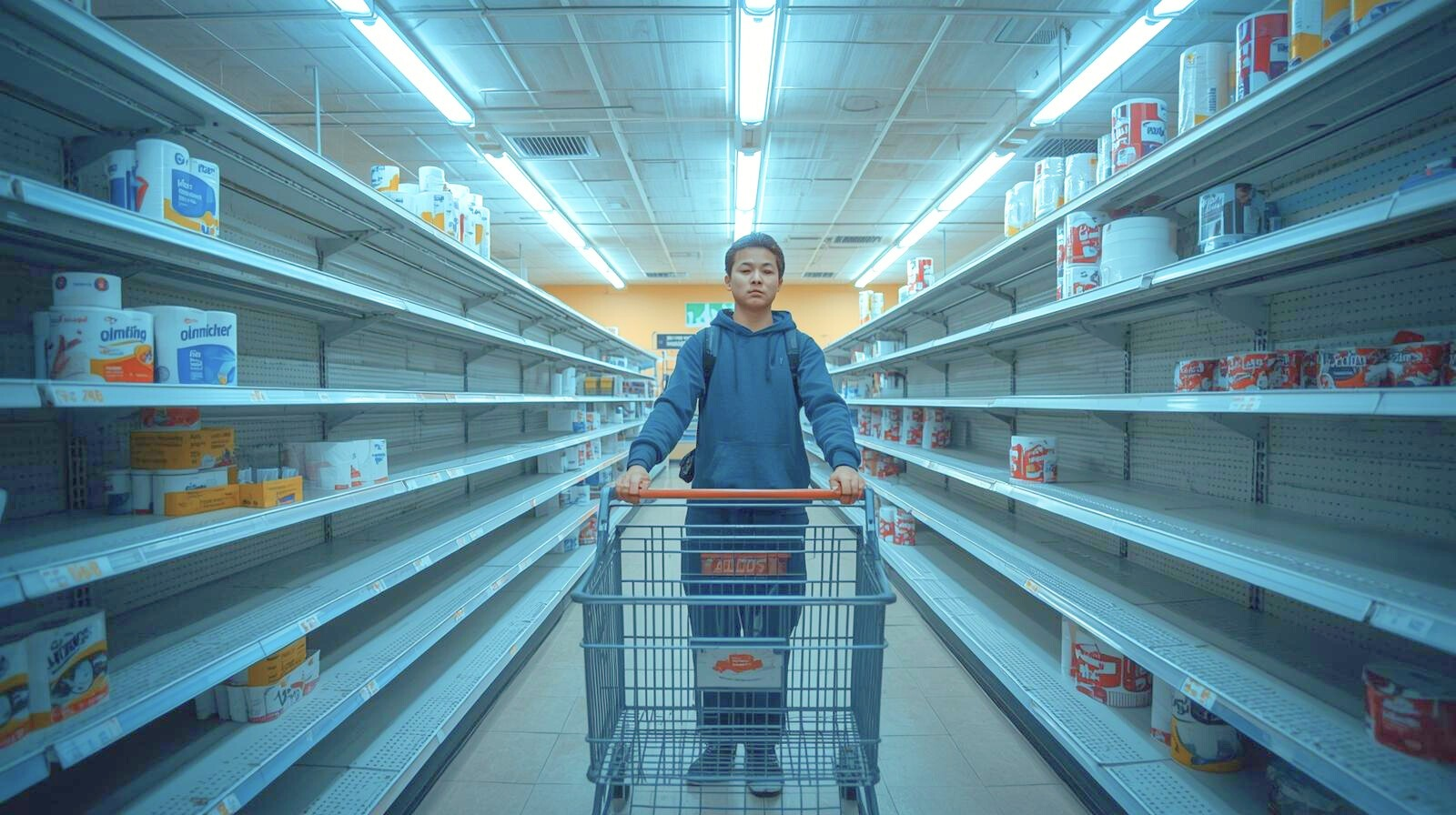 Blackbez Consulting blog about supply chain just-in-time retail inventory. A man pushing a cart through an isle with empty shelves of toilette paper.