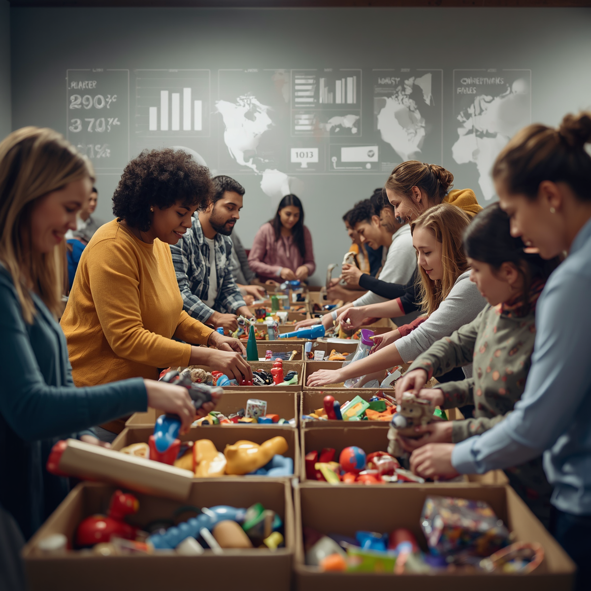 Non profit company packing toys with graphics of maps ang charts