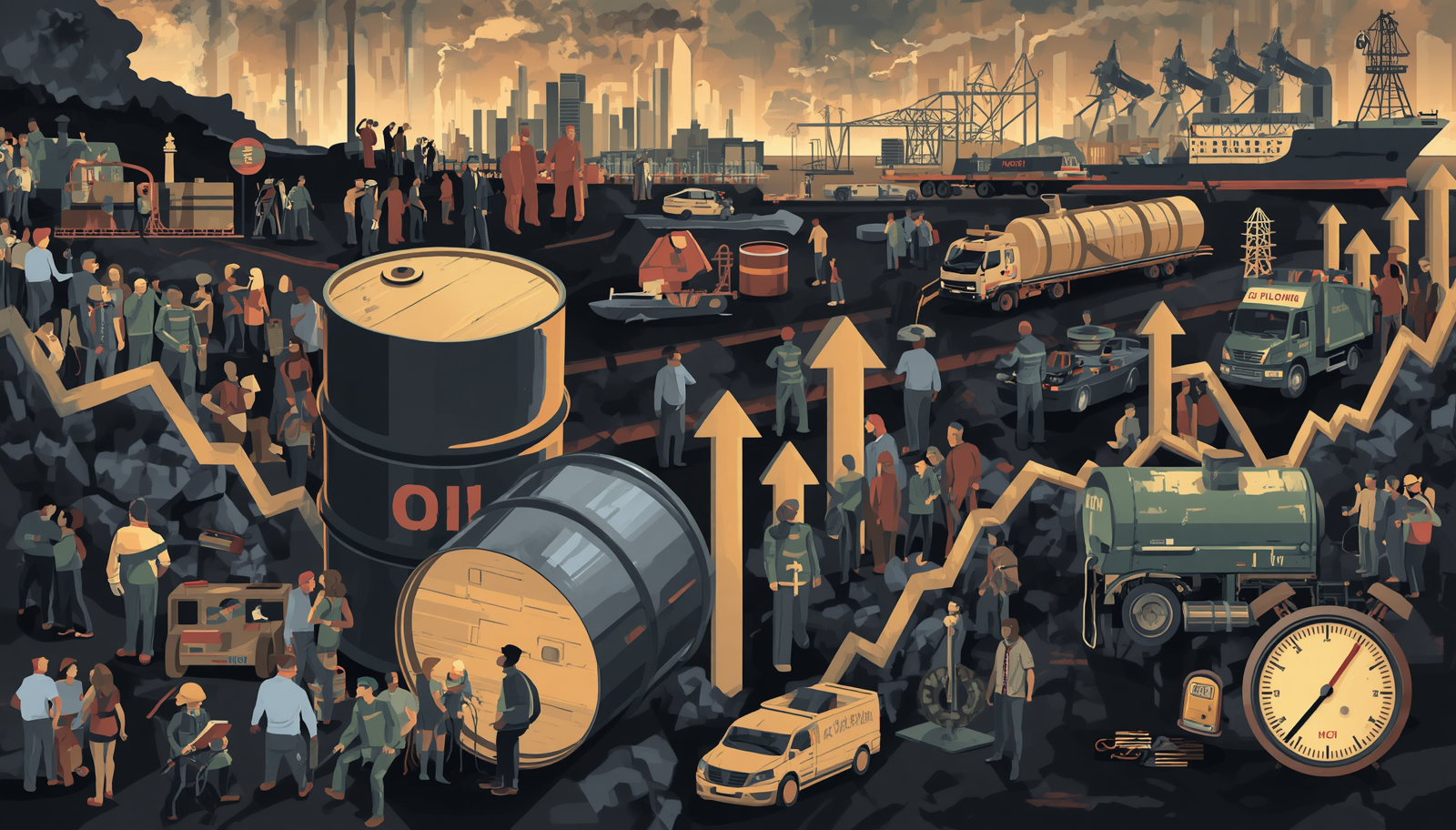 Oil barrels, upward arrows, cars and people.